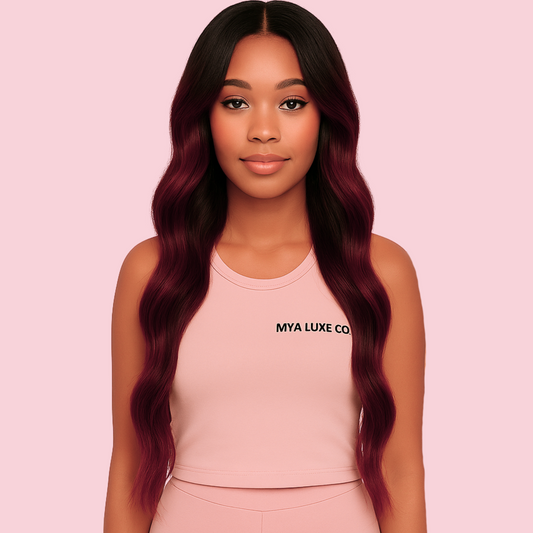 Wine Red Ombre Highlight Wig – 26” Wavy Synthetic Lace Part Wig (Heat Safe)